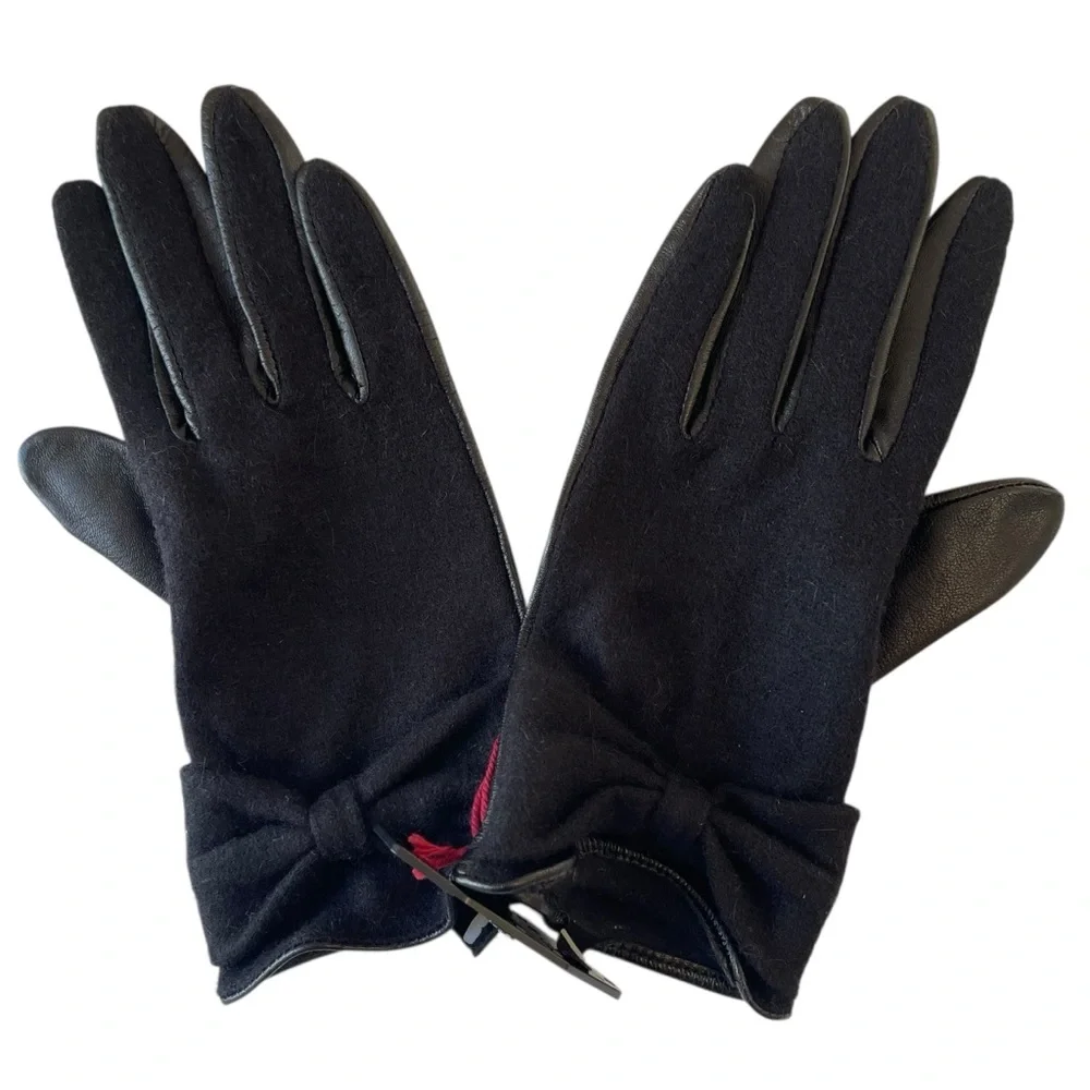 Black Leather Gloves Wool Angora Blend Size M